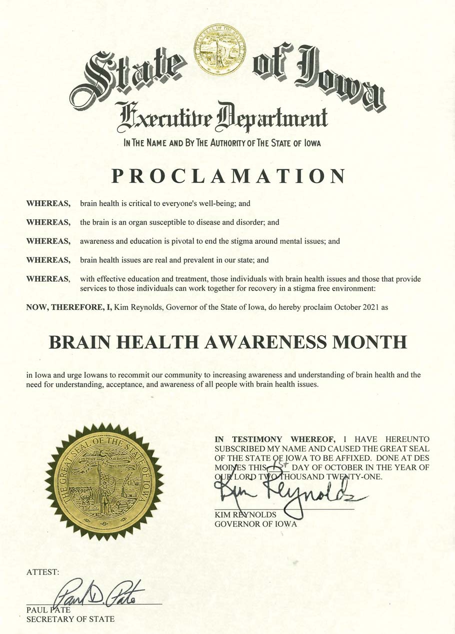 State of Iowa proclaims Brain Health Awareness Month
